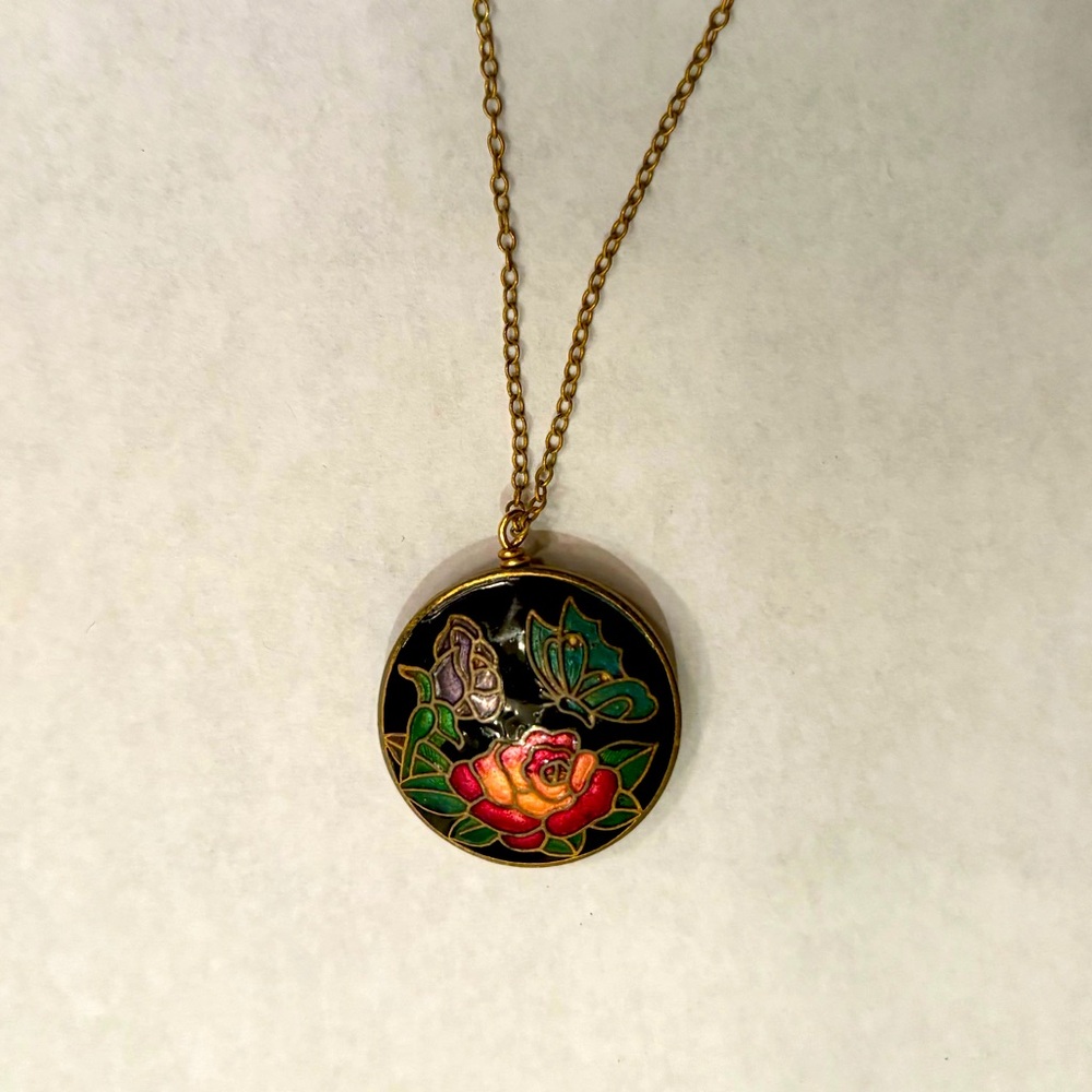 Cloisonné necklace on a gold chain